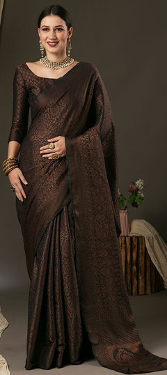 Black and Grey color Saree in Blended fabric with Weaving work