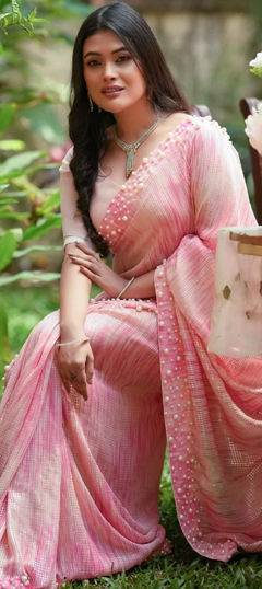 Festive, Reception Pink and Majenta color Saree in Georgette fabric with Classic Bugle Beads, Sequence work : 1969031