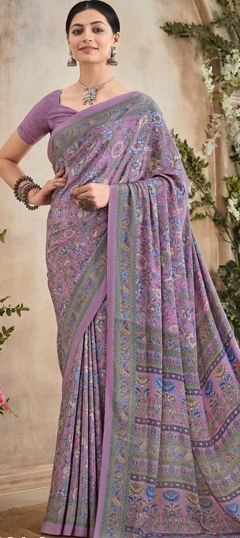 Pink and Majenta color Saree in Crepe Silk fabric with Floral, Printed work