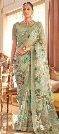 Bridal, Traditional, Wedding Green color Saree in Organza Silk fabric with Classic Border, Printed work : 1969051