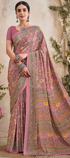 Pink and Majenta color Saree in Crepe Silk fabric with Floral, Printed work