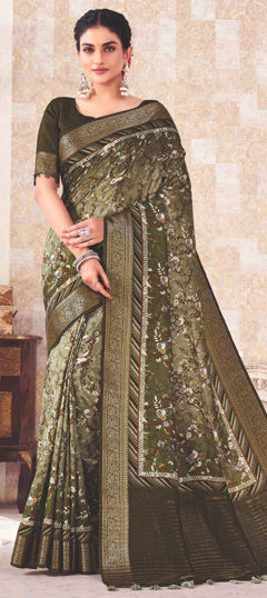 Green color Saree in Silk fabric with Floral, Printed, Weaving work