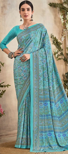 Blue color Saree in Crepe Silk fabric with Floral, Printed work