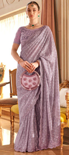 Bridal, Wedding Purple and Violet color Saree in Silk fabric with Classic Sequence, Thread work : 1969056