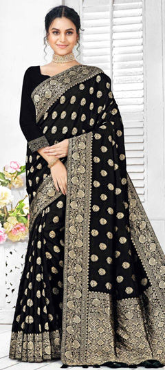 Black and Grey color Saree in Silk fabric with Weaving, Zari work