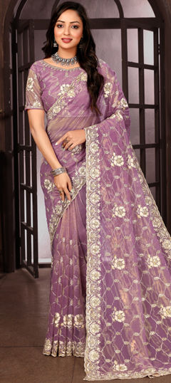 Purple and Violet color Saree in Organza Silk fabric with Bugle Beads, Embroidered, Sequence, Thread work