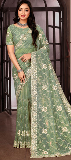 Green color Saree in Organza Silk fabric with Bugle Beads, Embroidered, Sequence, Thread work