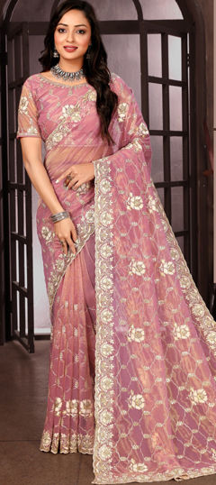 Pink and Majenta color Saree in Organza Silk fabric with Embroidered, Sequence, Thread work