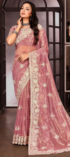 Pink and Majenta color Saree in Organza Silk fabric with Embroidered, Sequence, Thread work