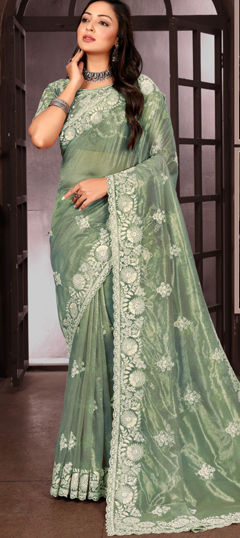 Green color Saree in Organza Silk fabric with Embroidered, Sequence, Thread work