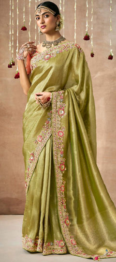 Green color Saree in Organza Silk fabric with Border, Embroidered, Sequence, Thread, Weaving work