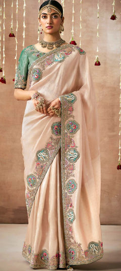 Pink and Majenta color Saree in Organza Silk fabric with Border, Embroidered, Sequence, Thread, Weaving work