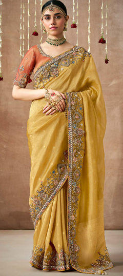 Yellow color Saree in Organza Silk fabric with Border, Embroidered, Sequence, Thread, Weaving work