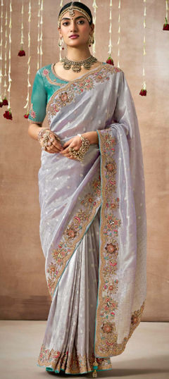 Purple and Violet color Saree in Organza Silk fabric with Border, Embroidered, Sequence, Thread, Weaving work