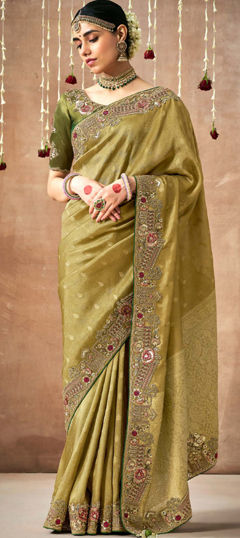 Green color Saree in Organza Silk fabric with Border, Embroidered, Sequence, Thread, Weaving work