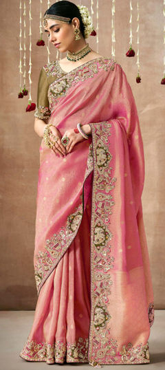 Pink and Majenta color Saree in Organza Silk fabric with Border, Embroidered, Sequence, Thread, Weaving work