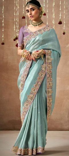 Blue color Saree in Organza Silk fabric with Border, Embroidered, Sequence, Thread, Weaving work