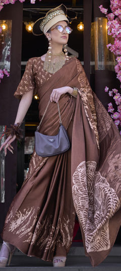 Beige and Brown color Saree in Crepe Silk fabric with Printed work