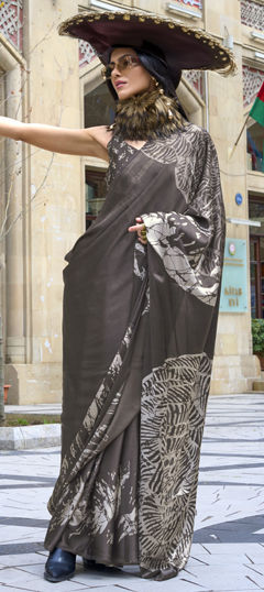 Black and Grey color Saree in Crepe Silk fabric with Printed work