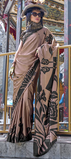 Beige and Brown color Saree in Crepe Silk fabric with Floral, Printed work