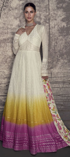 White and Off White, Yellow color Gown in Georgette fabric with Embroidered, Resham, Sequence, Thread work