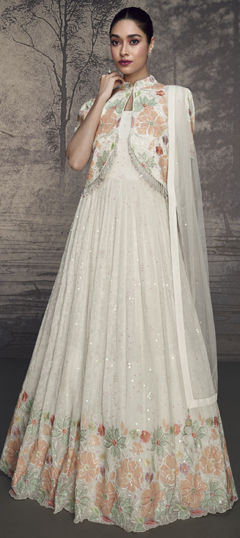 White and Off White color Gown in Georgette fabric with Embroidered, Resham, Sequence, Thread work