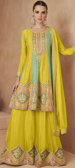 Green, Yellow color Salwar Kameez in Silk fabric with Embroidered, Sequence, Thread work