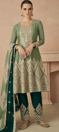 Green color Salwar Kameez in Silk fabric with Embroidered, Sequence, Thread work