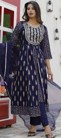 Festive, Party Wear Blue color Salwar Kameez in Rayon fabric with Straight Embroidered, Lace, Thread work : 1969423