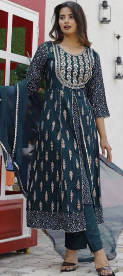 Festive, Party Wear Blue color Salwar Kameez in Rayon fabric with Straight Embroidered, Lace, Thread work : 1969424