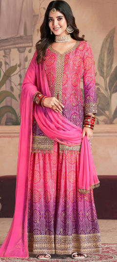 Pink and Majenta color Salwar Kameez in Silk fabric with Bandhej, Embroidered, Printed, Sequence, Thread work