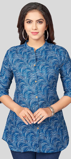 Casual, Summer Blue color Tops and Shirts in Blended Cotton fabric with Printed work : 1969474