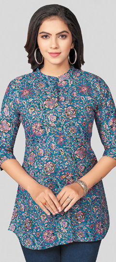 Casual, Summer Blue color Tops and Shirts in Blended Cotton fabric with Floral, Printed work : 1969477