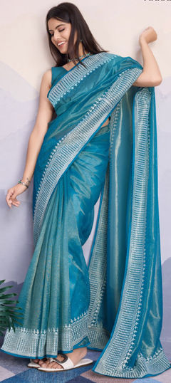 Blue color Saree in Organza Silk fabric with Embroidered, Resham, Thread work