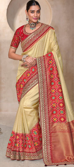 Bridal, Traditional, Wedding Beige and Brown, Red and Maroon color Saree in Kanjeevaram Silk fabric with South Gota Patti, Printed, Thread work : 1969538