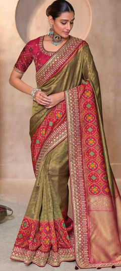 Bridal, Traditional, Wedding Green, Red and Maroon color Saree in Kanjeevaram Silk fabric with South Gota Patti, Printed, Thread work : 1969539