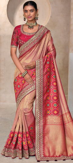 Bridal, Traditional, Wedding Pink and Majenta color Saree in Kanjeevaram Silk fabric with South Gota Patti, Printed, Thread work : 1969541