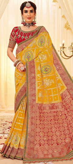 Red and Maroon, Yellow color Saree in Silk fabric with Embroidered, Sequence, Thread, Weaving, Zari work