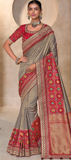 Bridal, Traditional, Wedding Black and Grey, Red and Maroon color Saree in Kanjeevaram Silk fabric with South Gota Patti, Printed, Thread work : 1969543