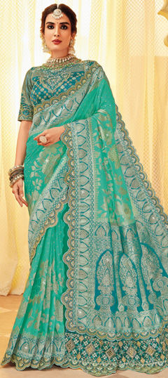 Bridal, Traditional, Wedding Green color Saree in Silk fabric with South Embroidered, Sequence, Thread, Weaving, Zari work : 1969546