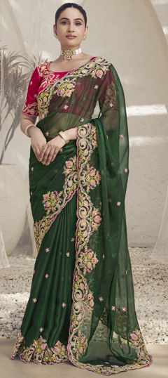 Green color Saree in Georgette fabric with Embroidered, Sequence, Thread work