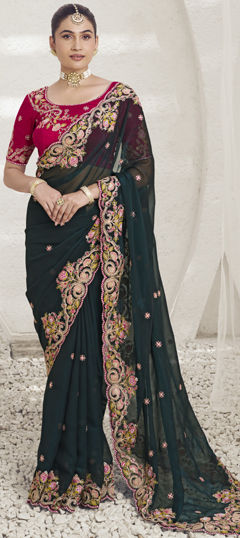 Green color Saree in Georgette fabric with Embroidered, Sequence, Thread work