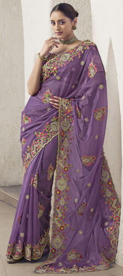 Purple and Violet color Saree in Crepe Silk fabric with Embroidered, Sequence, Thread work