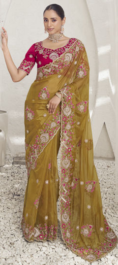 Yellow color Saree in Crepe Silk fabric with Embroidered, Sequence, Thread work