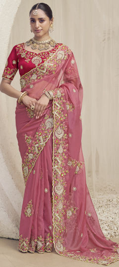 Pink and Majenta color Saree in Crepe Silk fabric with Embroidered, Sequence, Thread work