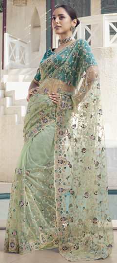 Green color Saree in Net fabric with Embroidered, Sequence, Thread work