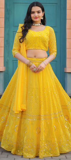 Bridal, Wedding Yellow color Lehenga in Faux Georgette fabric with A Line Embroidered, Mirror, Sequence, Thread work : 1969587