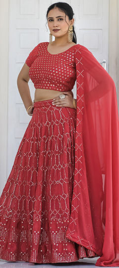 Bridal, Wedding Pink and Majenta color Lehenga in Faux Georgette fabric with A Line Embroidered, Mirror, Sequence, Thread work : 1969595