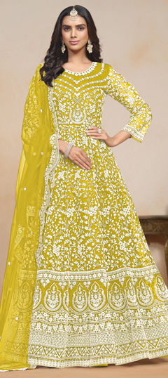 Yellow color Salwar Kameez in Net fabric with Embroidered, Resham, Thread work