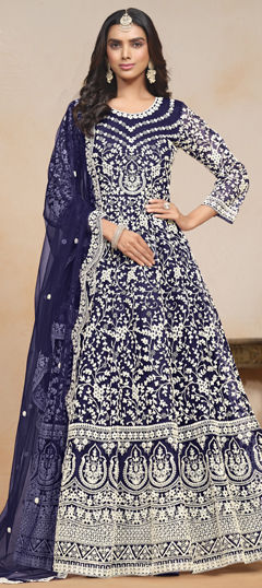 Blue color Salwar Kameez in Net fabric with Embroidered, Resham, Thread work